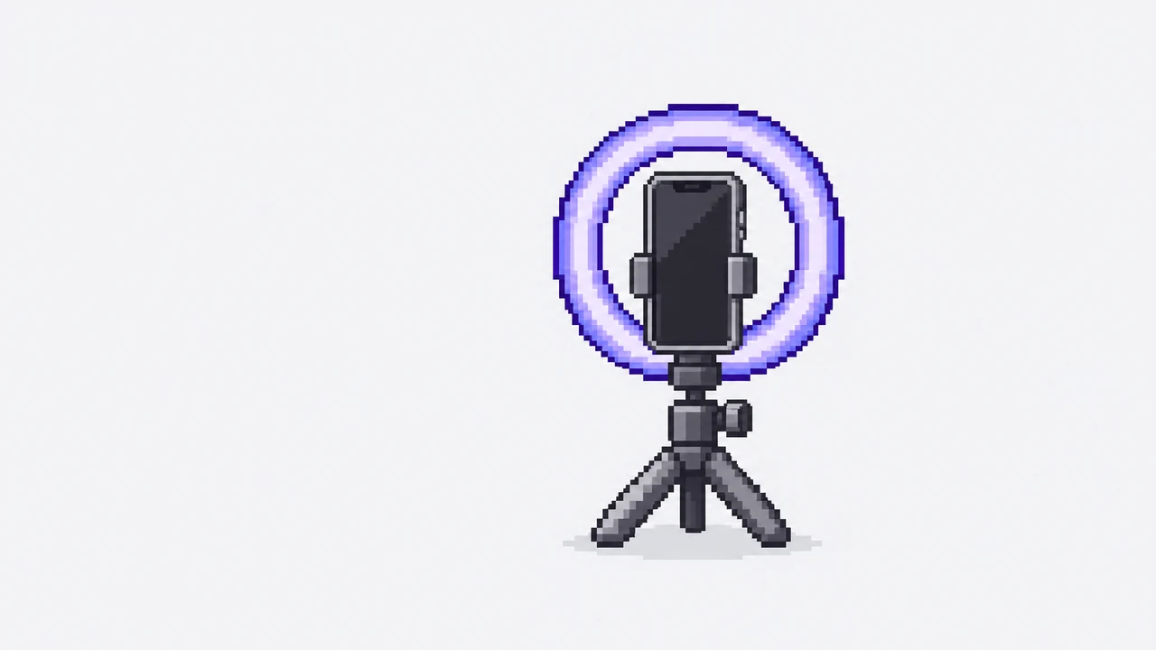 Uno smartphone su un mini treppiede con un piccolo ring light viola