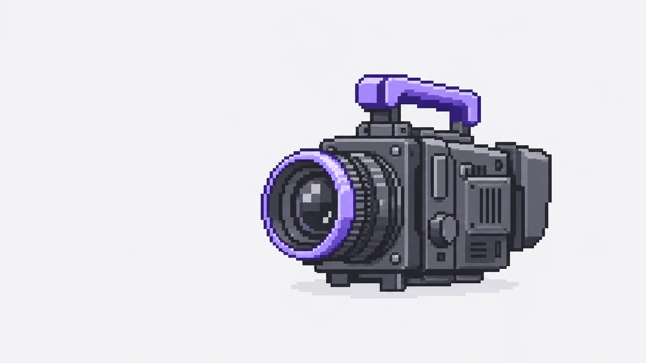 Una cinepresa professionale montata su un piccolo rig con maniglia viola
